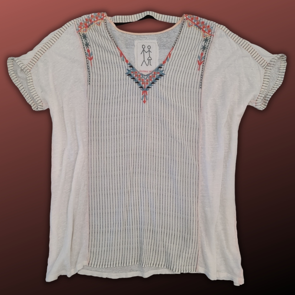 JOHNNY WAS Linen & Cotton Embroidered Boho Blouse Women's Size Small